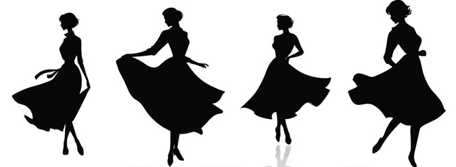 Set of elegant women silhouettes in 1950s fashion posing in black dresses