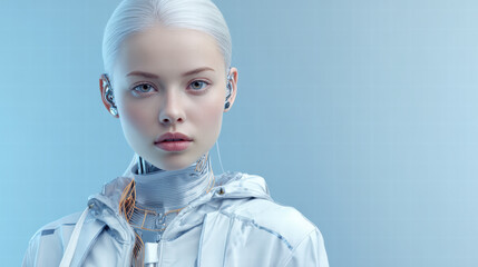 A cinematic, futuristic, surrealist portrait of a stylish female AI cyborg, captured chest-up, facing the camera directly with a confident, welcoming expression.