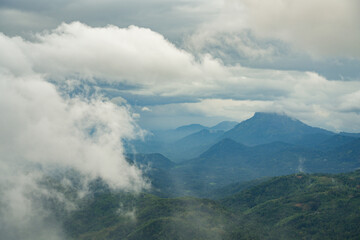 Scenic stormy landscape taken form Ambuluwawa Tower, Sri Lanka`s first multi religious center built on top of a solitary mountain near Kandy and Gampola, Sri Lanka, Asia