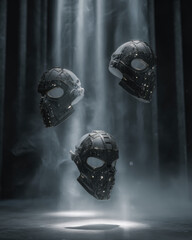 Three modular tactical masks lined up floating in a vertical column, each lit from a different angle 