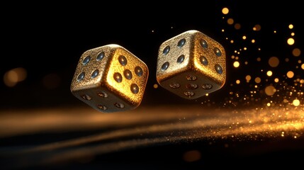Golden dice in mid-air, with bokeh and sparks