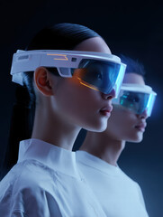 futuristic Asian female wearing plastic high-tech VR glasses, 