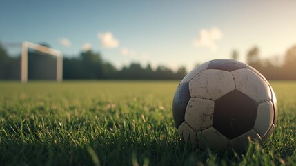 Obraz premium Closeup of a weathered soccer ball resting on vibrant green grass near the goal area on a sunlit sports field, capturing textured surface, blades of grass, and a subtle background of goalpost and blu.