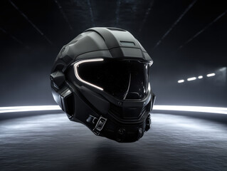 Floating matte-black tactical helmet with angular visor, chrome buckles, and embedded LED seams, suspended above a reflective black floor.