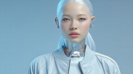 A cinematic, futuristic portrait of a stylish female AI cyborg, captured chest-up, facing the camera directly with a confident, welcoming expression.