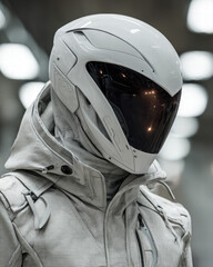 White ceramic-tech chest plate integrated into matte gray trench, displayed on static mannequin with half face visible, brutal spot reflections across chest