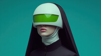 A futuristic white helmet with an green visor, worn by an elegant woman dressed in black hooded robes, set against a blue background. 