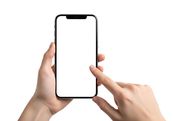 Hand holding smartphone with blank screen for mockup. Finger touching empty display. Isolated on transparent background, png