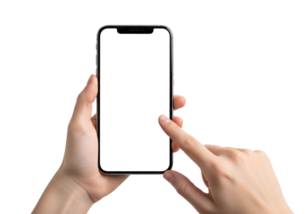 Hand holding smartphone with blank screen for mockup. Finger touching empty display. Isolated on transparent background, png