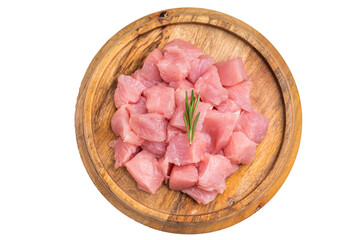 Diced raw turkey breast fillets, sliced poultry meat isolated on white background. top view