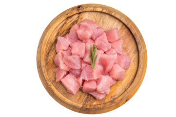 Diced raw turkey breast fillets, sliced poultry meat isolated on white background. top view
