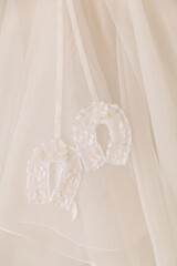 Decorative lace details on a dress captured in soft lighting at a bridal fitting