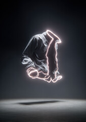 Abstract sculptural techwear collar floating midair, inner neon threads visible, twisting slightly as if in slow motion, backlit with fog halo, isolated fashion product mood 