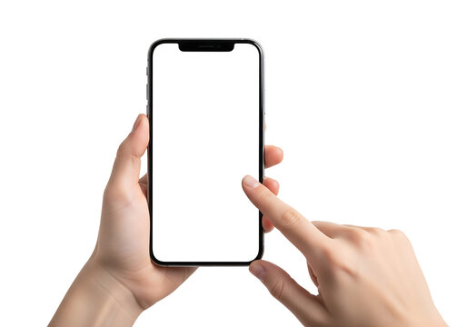 Hand holding smartphone with blank screen for mockup. Finger touching empty display. Isolated on transparent background, png