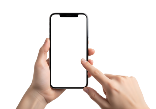 Hand holding smartphone with blank screen for mockup. Finger touching empty display. Isolated on transparent background, png
