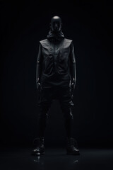 Symmetrical frontal mannequin portrait in chrome-gray techwear armor vest, arms slightly apart