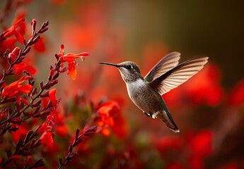 A hummingbird hovers mid air near vibrant red flowers with wings spread wide open