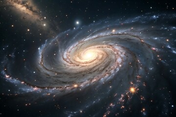 Vibrant spiral galaxy with glowing core and starry nebula background