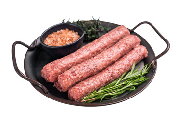Raw Cevapcici ready for the grill, fresh Cevapi from mince beef meat isolated on white background....