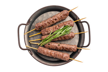 Grilled Cevapcici ready for the grill, roast Cevapi from mince beef meat isolated on white...