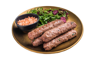 Balkan BBQ roast Cevapcici Sausage, roasted Cevapi from mince beef and pork meat isolated on white...