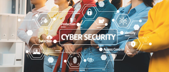 Group of Professionals Engaged in Cyber Security Awareness and Protection with Icons Representing...