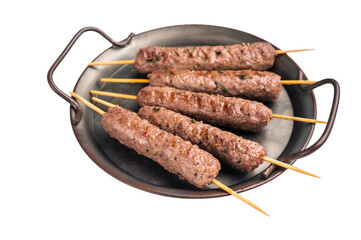 Grilled minced beef and lamb kebabs skewers with fresh spices, arabic kofta kofte kebab isolated on...