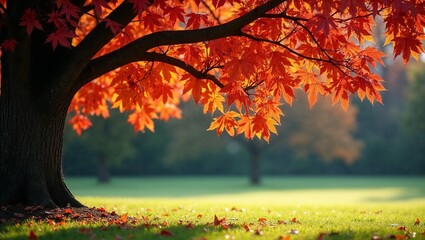 Large tree with bright orange autumn leaves casting shade on green grass, capturing the beauty of fall in a peaceful park setting