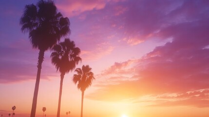 Obraz premium Stunning lowangle silhouette of tall palm trees swaying against a vibrant sunset sky painted with warm orange, pink, and purple hues, evoking a tropical and tranquil mood.