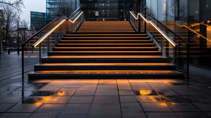 Obraz premium Modern urban staircase illuminated by warm yellow led lights reflecting on wet pastel tiles, lowangle shot highlighting sleek glass panels and matte metal railings in evening.