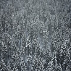 Fototapeta premium Aerial View of Snowy Coniferous Forest in Winter