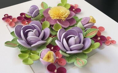 Colorful quilling paper flower art with purple, yellow, and pink blossoms. Handmade art.