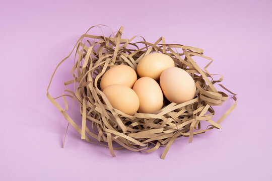 Five brown eggs in paper nest on purple background – top view