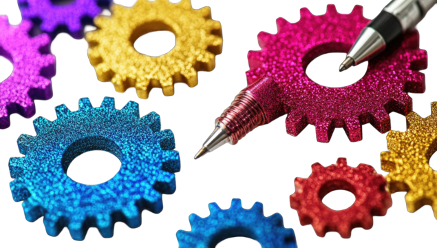 Colorful gears and a pen (2) - Powered by Adobe