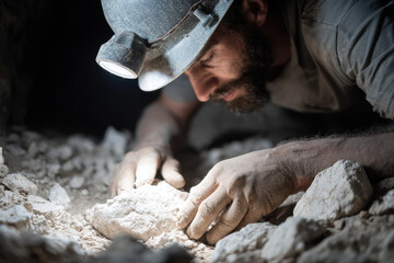 miner working diligently in minimalist mine interior surrounded by clean lines and ultrabright lighting
