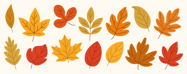 Collection of Stylized Autumn Leaves – Flat Hand Drawn Illustration of Colorful Leaves in Warm Hues for Fall Crafts, Paper Design, and Seasonal Projects
