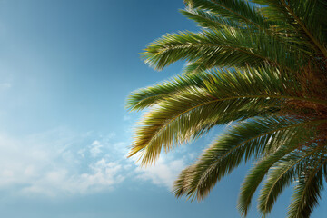 tropical palm tree viewed from below against clear sky emphasizing bright leaves