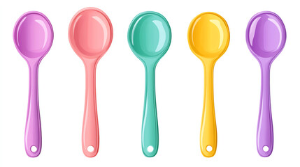 a food measuring spoon set clipart, kitchen accessory, cartoon pastel style, colorcoded handles, isolated on white background