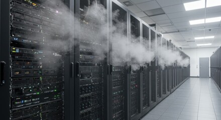 A row of server racks emitting cool air inside a data center, demonstrating efficient cooling for big data operations.