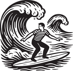 Monochrome Illustration of a Surfer Riding a Wave with a Striped Shirt on a White Background