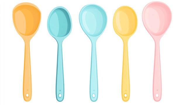 a food measuring spoon set clipart, kitchen accessory, cartoon pastel style, colorcoded handles, isolated on white background