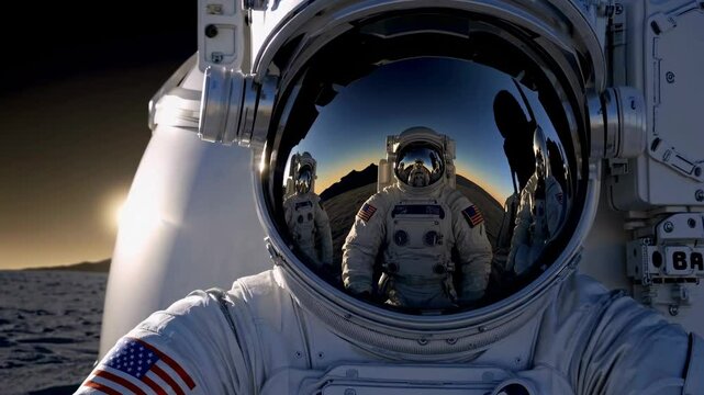 Close-up of astronaut helmet reflecting a fellow astronaut taking a selfie and waving. Friendly, positive atmosphere in space. Modern spacesuits and teamwork concept in cosmic exploration.