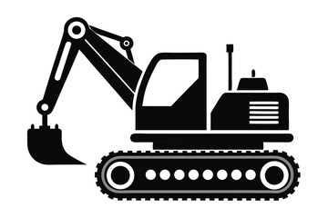Black Silhouette Illustration Excavator with Bucket, Tracks, and Cabin on White Background