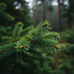 Fototapeta premium Close Up Of Lush Green Fir Branch In Dark Forest