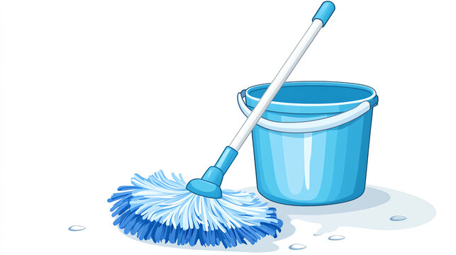 a rotating cleaning mop with bucket clipart, home cleaning tool, cartoon pastel style, blue and white, isolated on white background