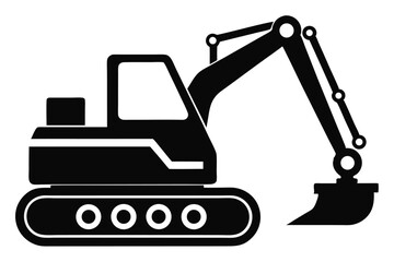 Black Silhouette Illustration of a Heavy Construction Excavator with Tracks and Bucket