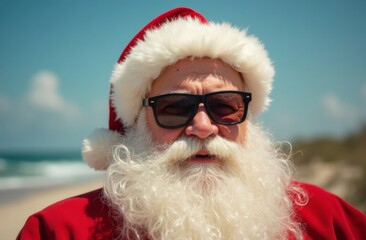 Bearded man dressed as Santa Claus wearing sunglasses and red suit on tropical beach with ocean waves and clear blue sky in background