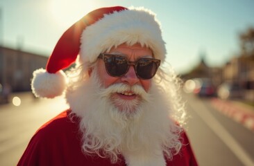 Mature man dressed as Santa Claus wearing sunglasses standing on a sunlit urban street with soft background blur and warm lighting