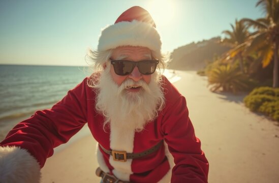 Older man dressed as Santa Claus riding bicycle on tropical beach with palm trees and golden sunlight reflecting on calm ocean