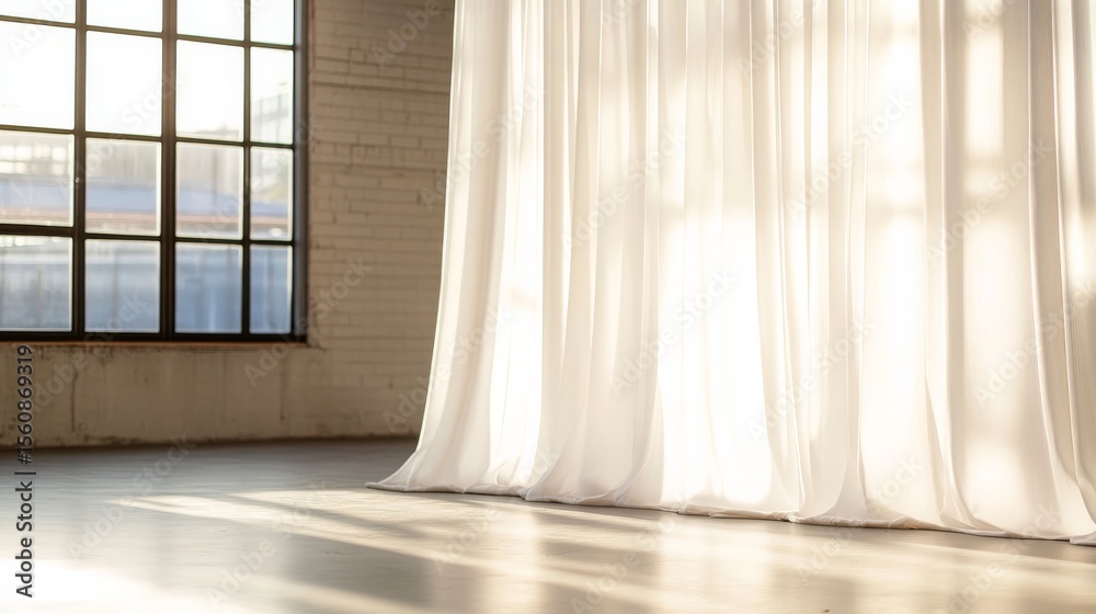 Poster bright airy room with flowing white sheer curtains illuminated by soft morning light creating a tran